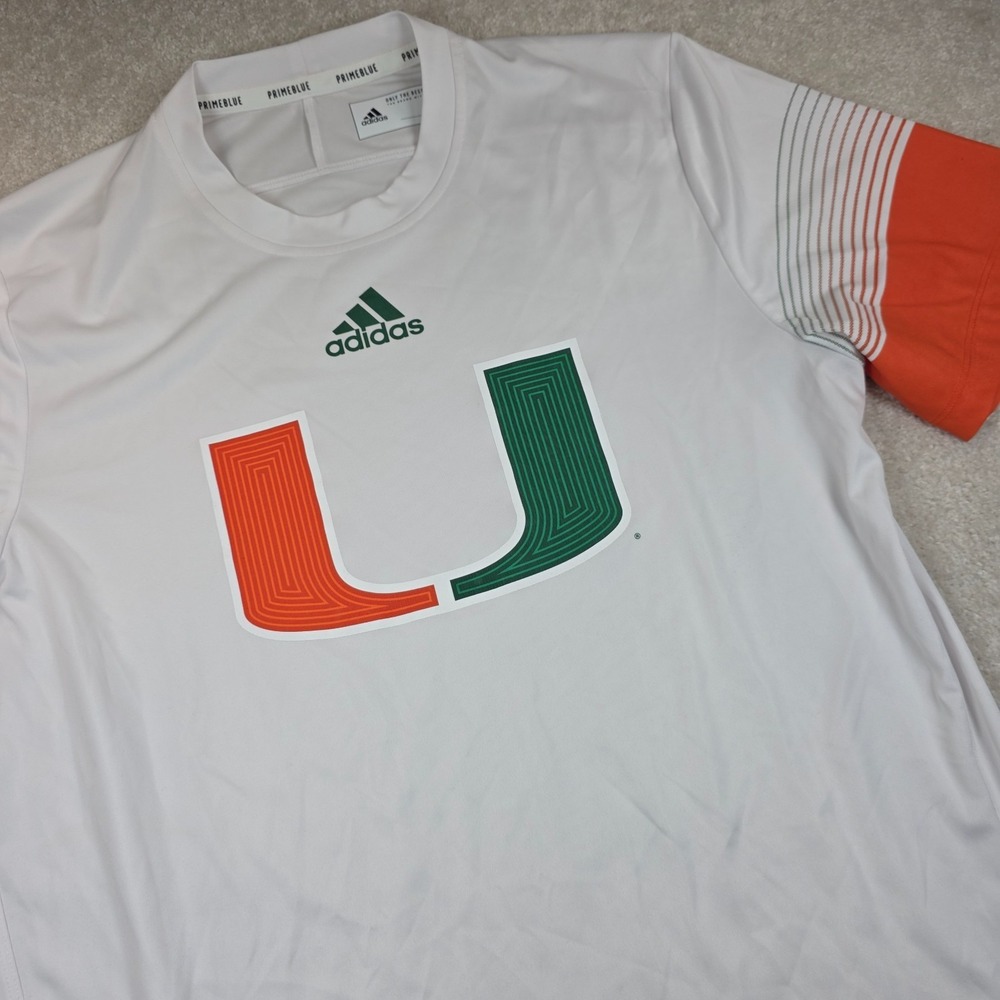 Adidas T-Shirt Mens M White Primeblue NCAA Miami Hurricanes Training Tee NWT